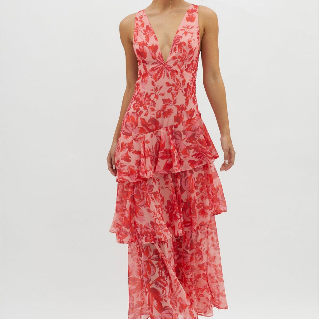 Florava | Gelaagde Maxi-jurk met Open Rug & Bloemenprint