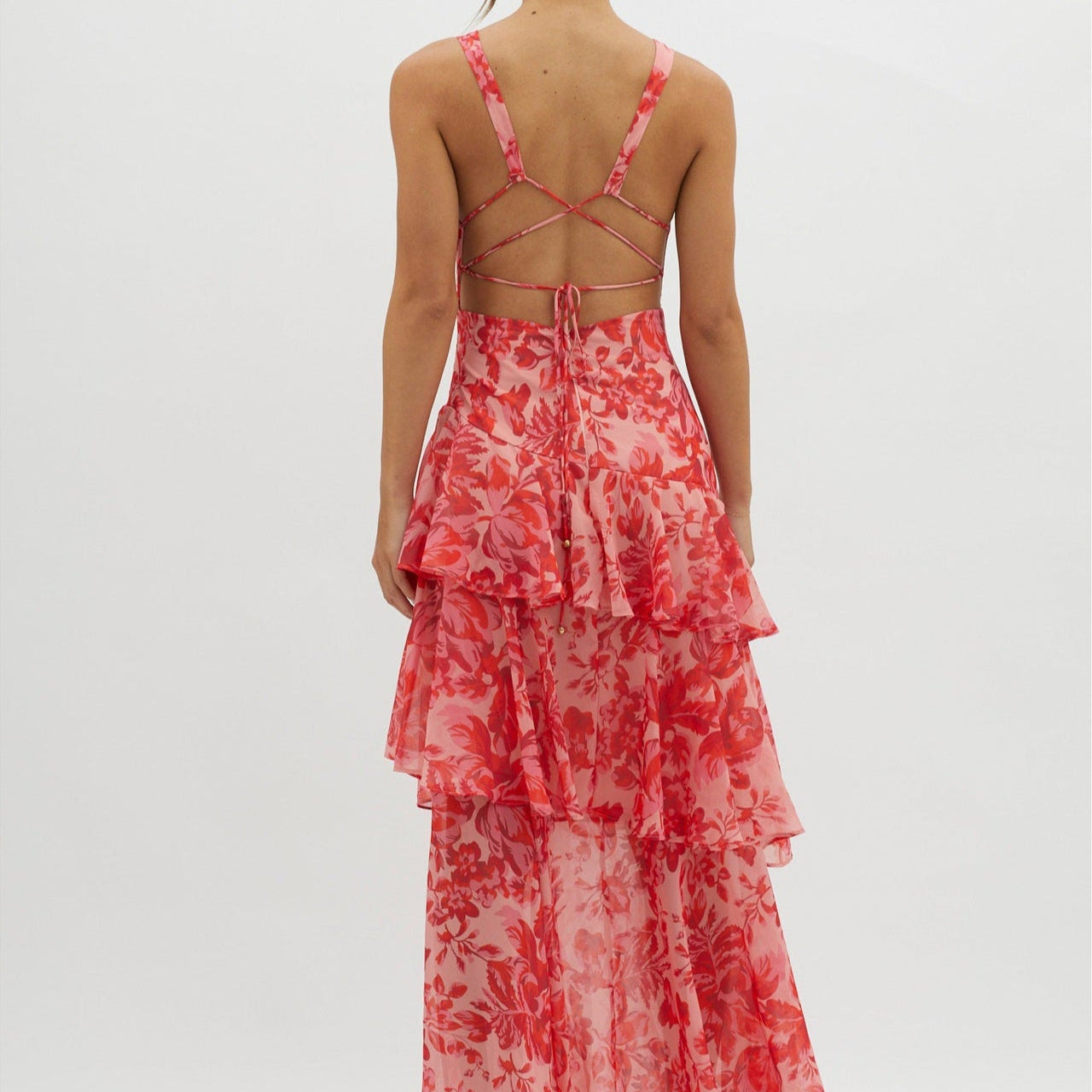 Florava | Gelaagde Maxi-jurk met Open Rug & Bloemenprint