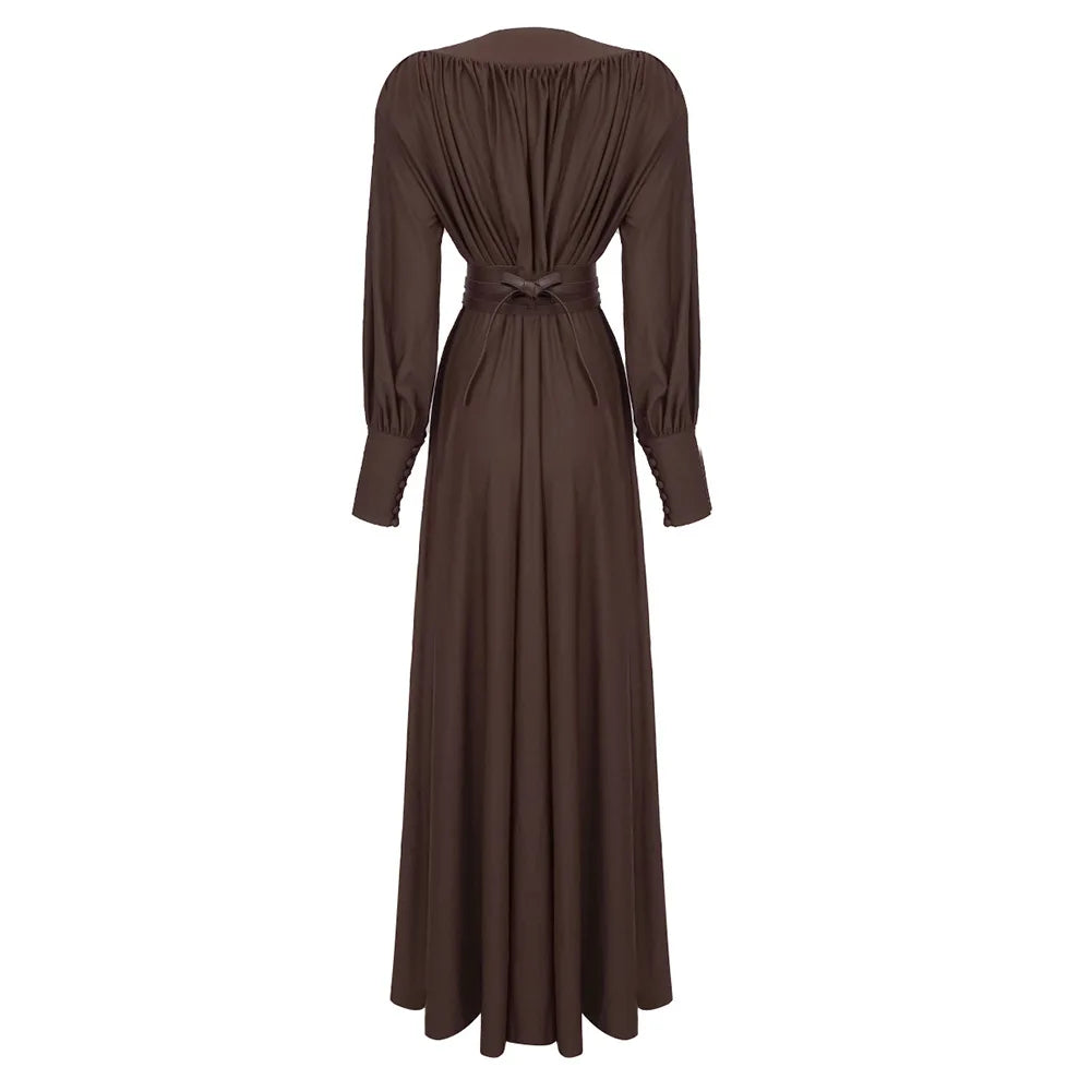 Elaris | Luxe Maxi-Jurk met Diepe V-Hals & Brede Tailleband