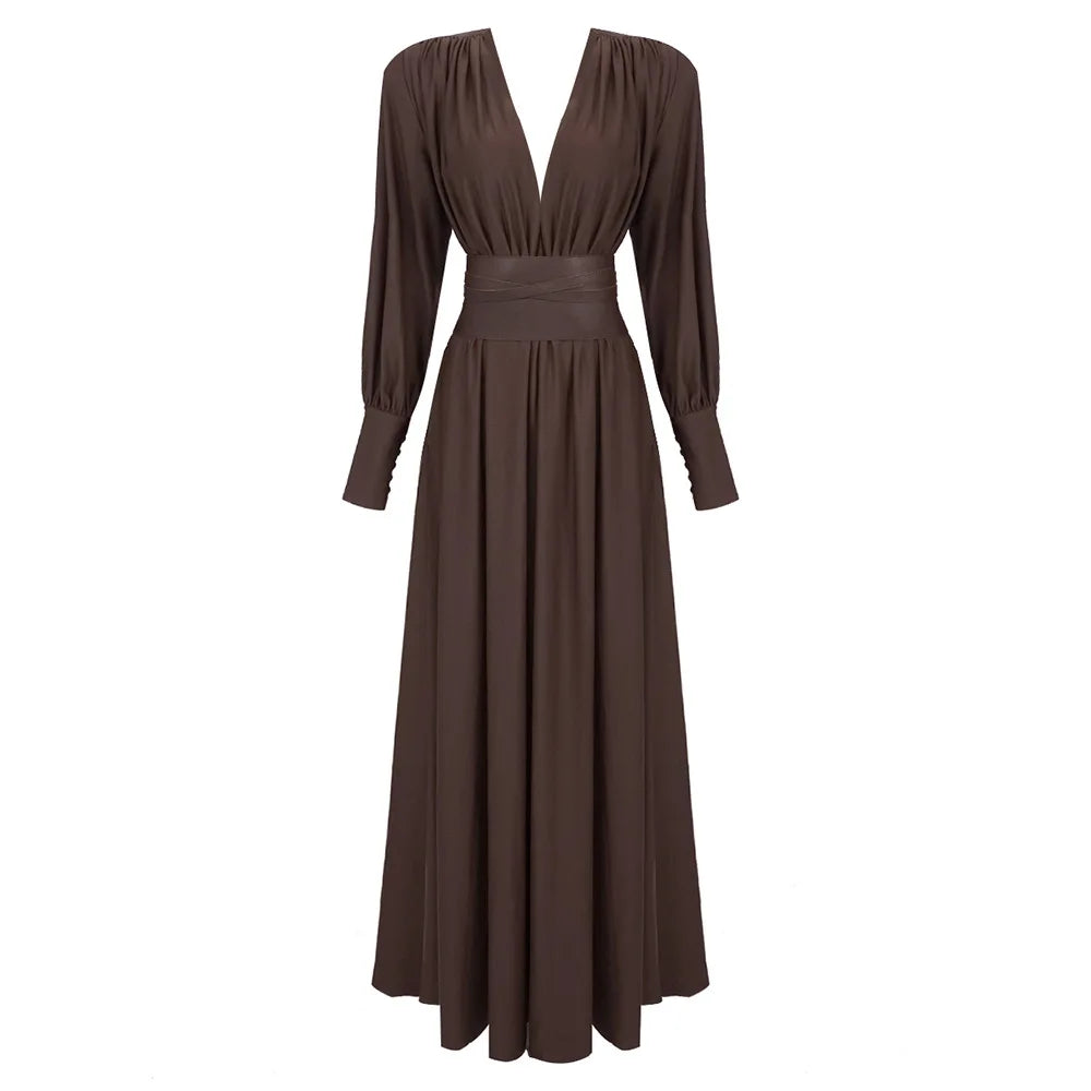 Elaris | Luxe Maxi-Jurk met Diepe V-Hals & Brede Tailleband