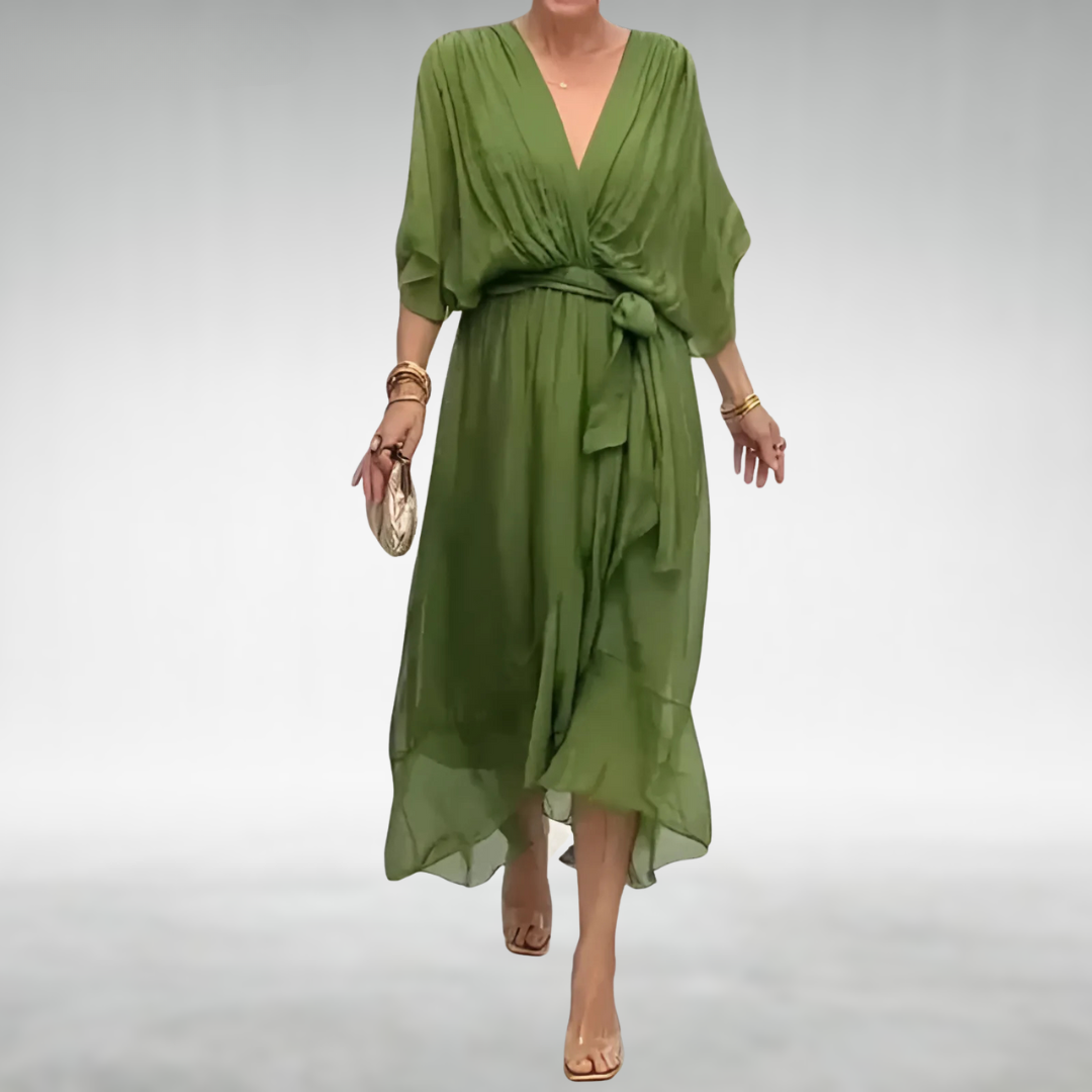 Lara | Elegante Lange Jurk Dames met Diepe V-hals en Oversized Mouwen