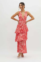 Florava | Gelaagde Maxi-jurk met Open Rug & Bloemenprint