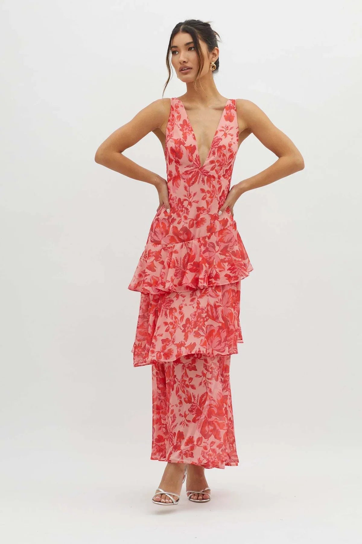 Florava | Gelaagde Maxi-jurk met Open Rug & Bloemenprint