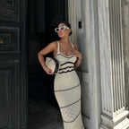 Dual Tone | Gehaakte Maxi Jurk met Contrasterende Details & Slim Fit