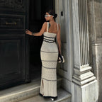 Dual Tone | Gehaakte Maxi Jurk met Contrasterende Details & Slim Fit