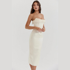 Pearl Embrace | Strapless Satin Midi Dress met Pareldetail