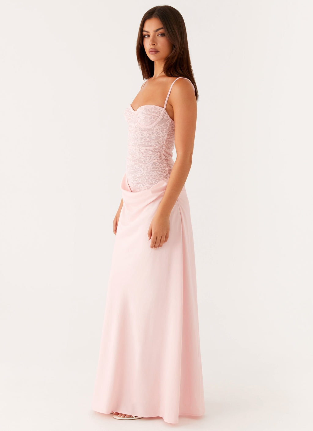 Lysandra | Roze Maxi Jurk met Kant & Satijnen Rok