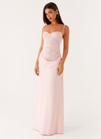 Lysandra | Roze Maxi Jurk met Kant & Satijnen Rok
