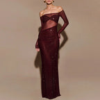 Seraphyne Crystal Mesh Gown | Off-Shoulder Maxi Jurk met Luxe Rhinestone Shine