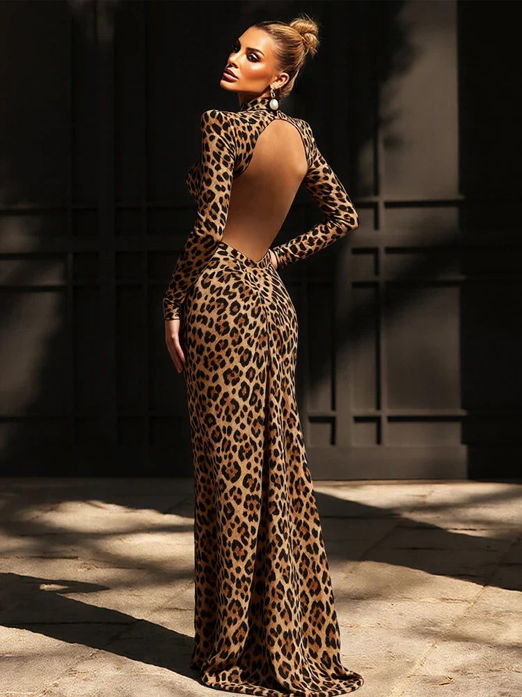 Leondra Leopard Maxi Jurk | Open Rug & Cut-Out Avondjurk