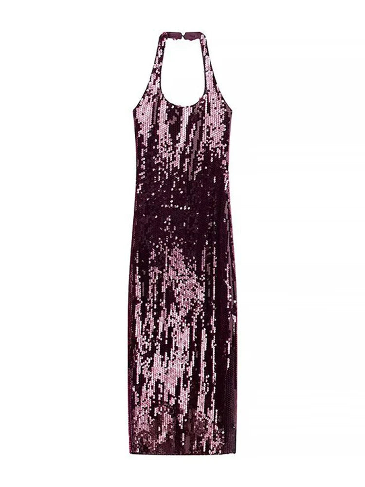 MidnightGlam | Bordeauxrode Halterjurk met Pailletten en Open Rug