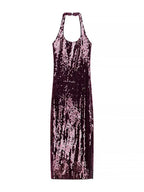 MidnightGlam | Bordeauxrode Halterjurk met Pailletten en Open Rug