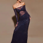 Seraphyne Crystal Mesh Gown | Off-Shoulder Maxi Jurk met Luxe Rhinestone Shine
