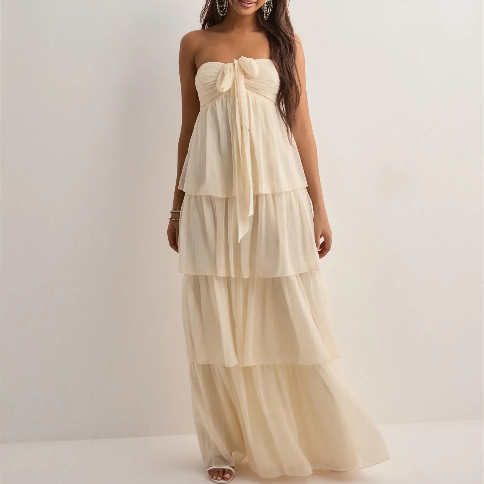 Solina | Strapless Zomerjurk met Gelaagde Rok & Verstelbare Strik