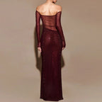 Seraphyne Crystal Mesh Gown | Off-Shoulder Maxi Jurk met Luxe Rhinestone Shine
