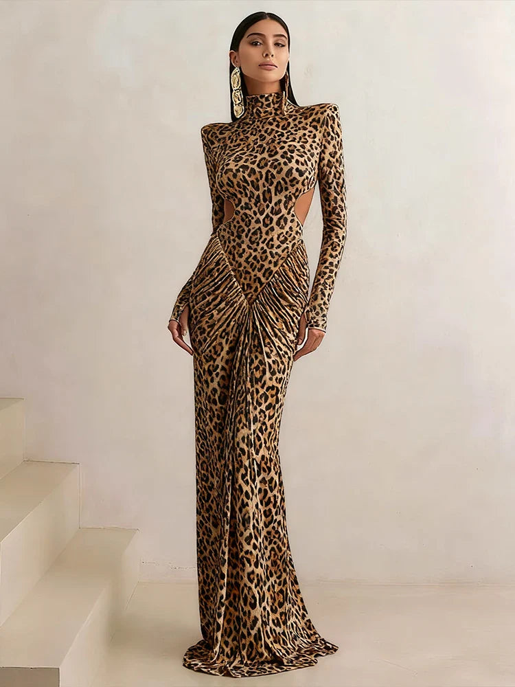 Leondra Leopard Maxi Jurk | Open Rug & Cut-Out Avondjurk