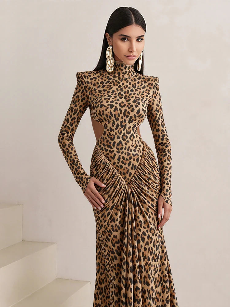 Leondra Leopard Maxi Jurk | Open Rug & Cut-Out Avondjurk