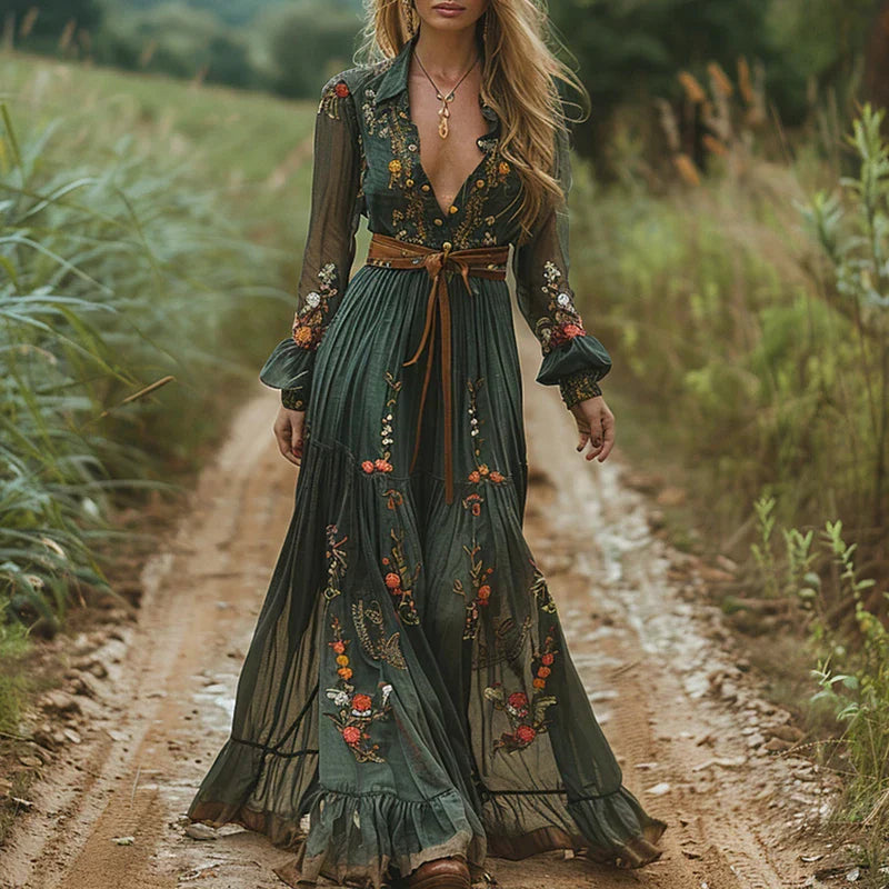 Sophie | Boho Maxi Jurk Met V-hals En Lange Mouwen Voor Dames