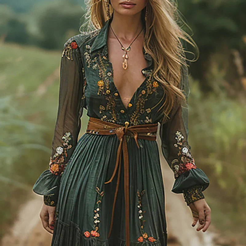 Sophie | Boho Maxi Jurk Met V-hals En Lange Mouwen Voor Dames
