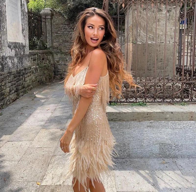 Sophie | Dames Cocktailjurk met Franjes en Veren voor Feestelijke Evenementen
