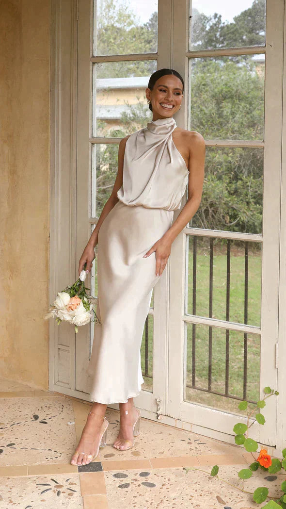 Sophie | Elegante Halter Midi-Jurk voor Dames met Gedrapeerde Halslijn