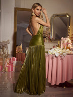 Zynera | Metallic Halter Maxi Jurk met Split & Open Rug