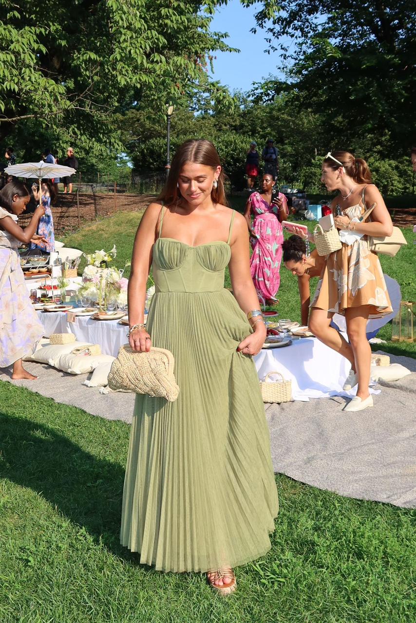 Sorelia | Geplooide Bustier Jurk in Mosgroen met Fijne Spaghetti Bandjes