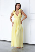 Marélie | Gele Maxi Jurk met Ruches & Open Rugdetail