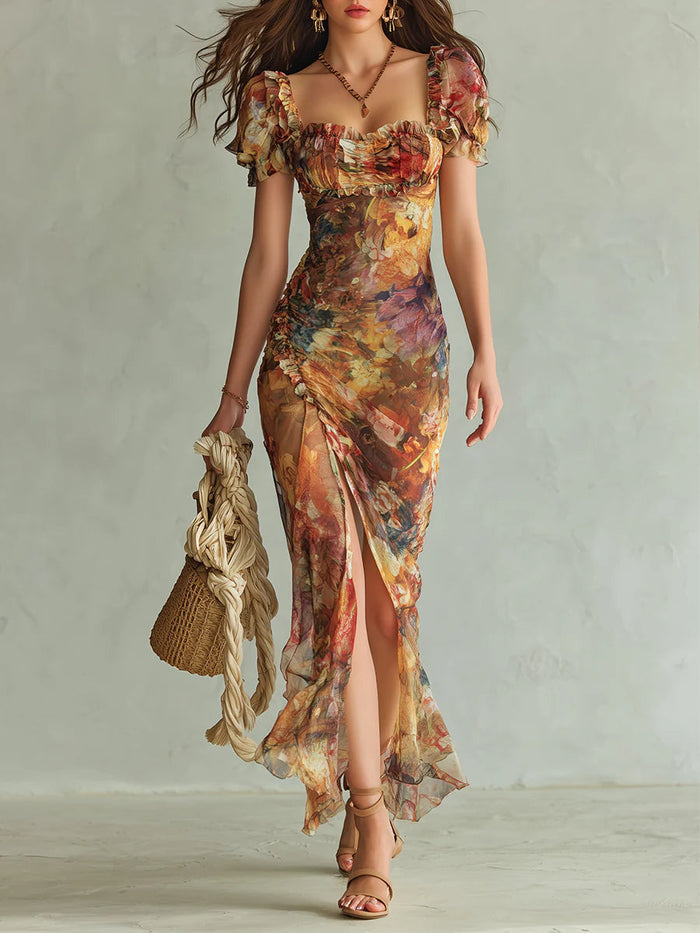 Orange Bohemian Holiday Oil Painting Print Chiffon Maxi Dress — 1