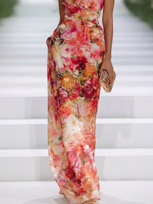 Red Chiffon Floral Halter-neck Sleeveless Maxi Dress — 4