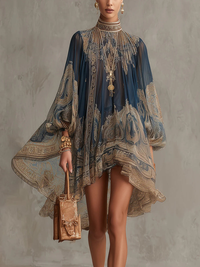 Navy Blue Baroque Print High-neck Irregular Chiffon Mini Dress — 1