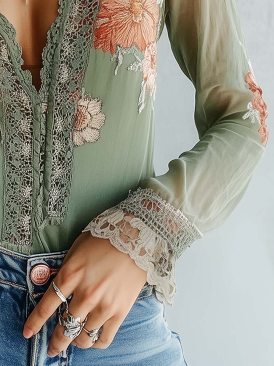 Sienna’s | Chiffon Blouse Women – Olive Green | V‑Neck Boho