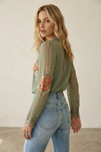 Chiffon Blouse Dames – Olijfgroen | V-hals Boho