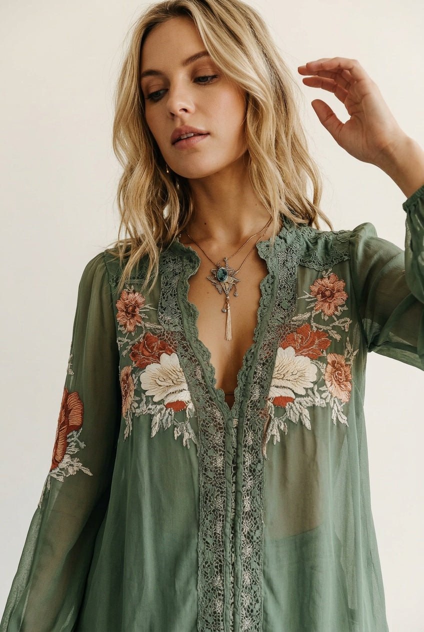Sienna’s | Chiffon Blouse Women – Olive Green | V‑Neck Boho