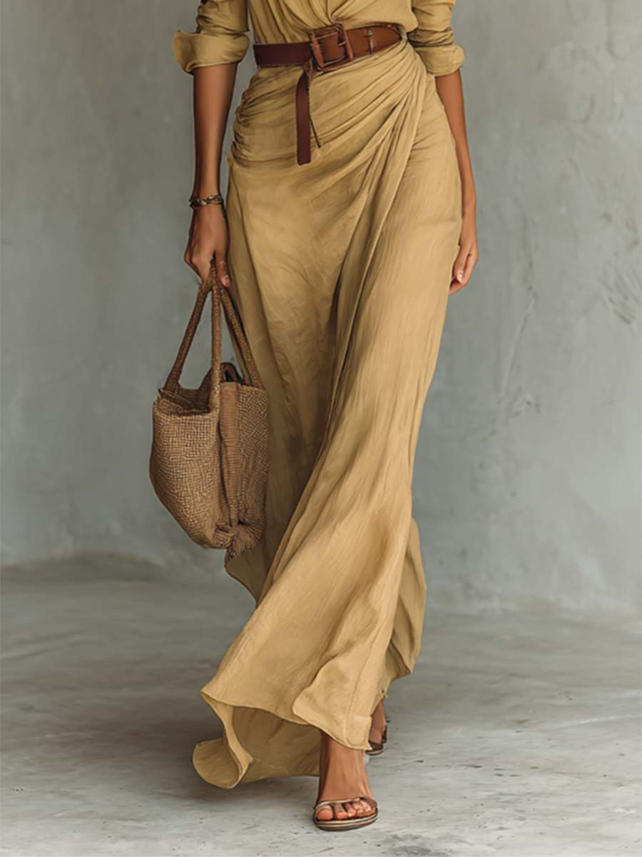 Sienna's | Ladies Lapel Single Breasted Long Sleeve Belted Maxi Dress