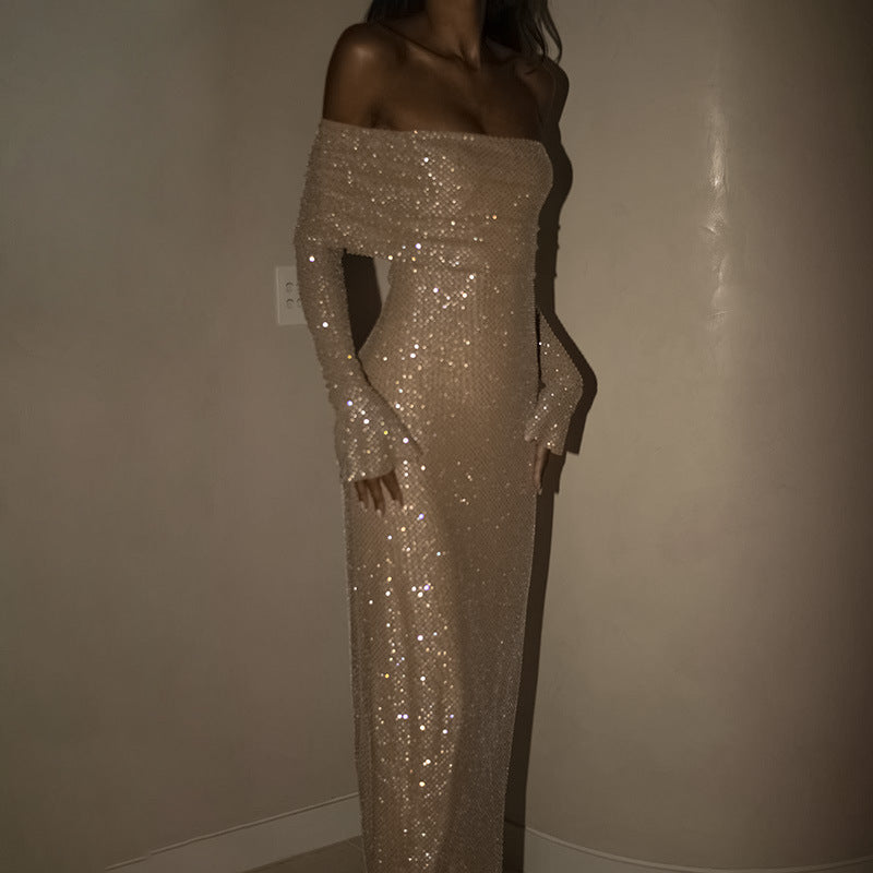 Noëlle | Off-Shoulder Maxi Jurk met Glitters & Elegante Pasvorm