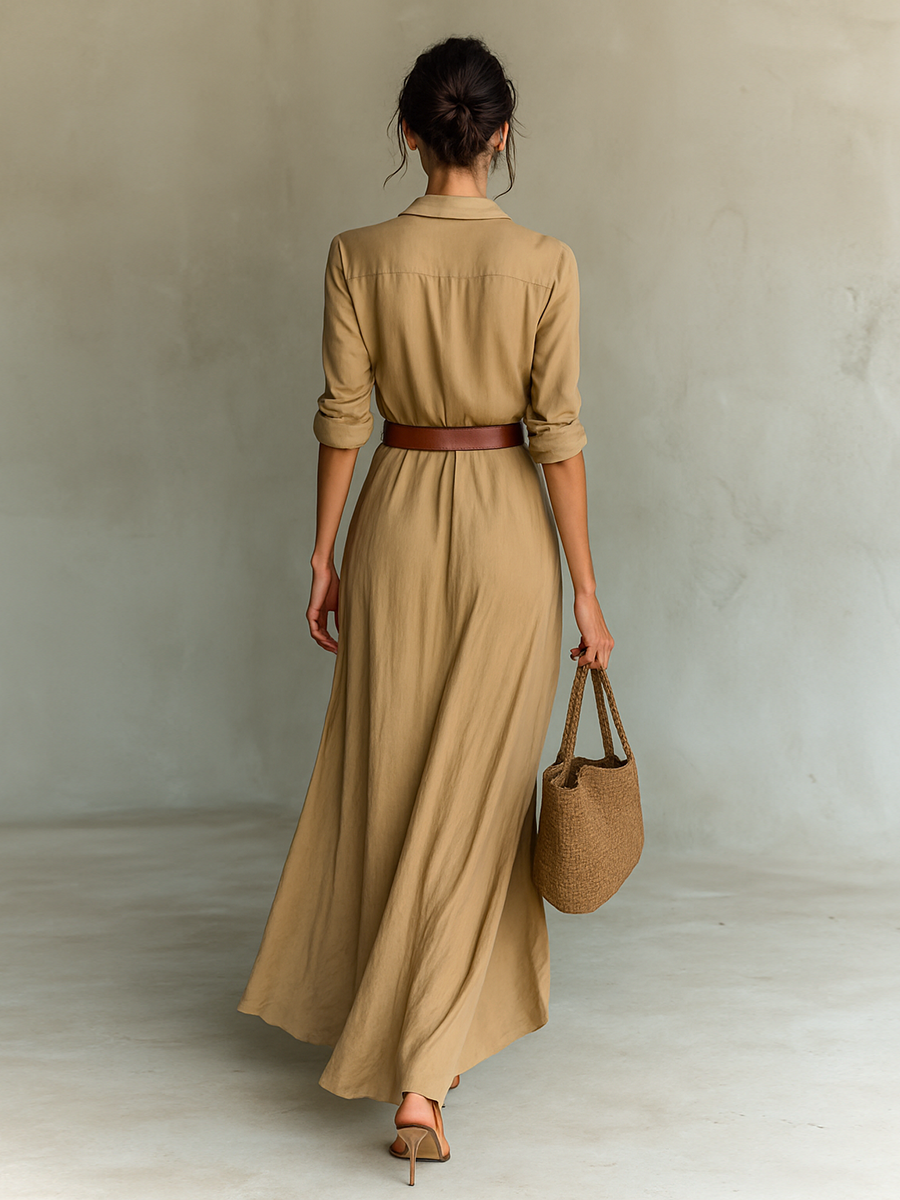 Sienna's | Ladies Lapel Single Breasted Long Sleeve Belted Maxi Dress