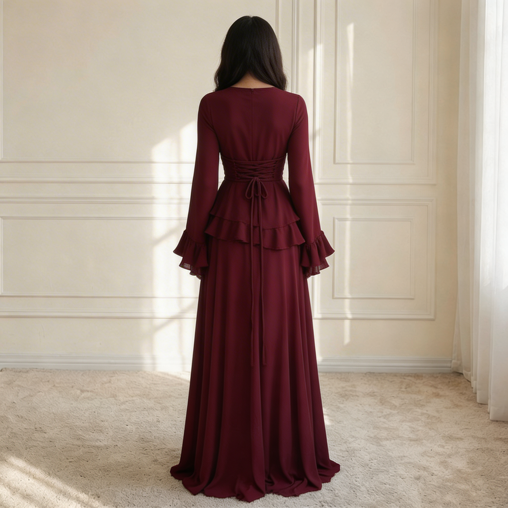Elysera | Maxi Jurk met Ruffle Details & Flare Mouwen