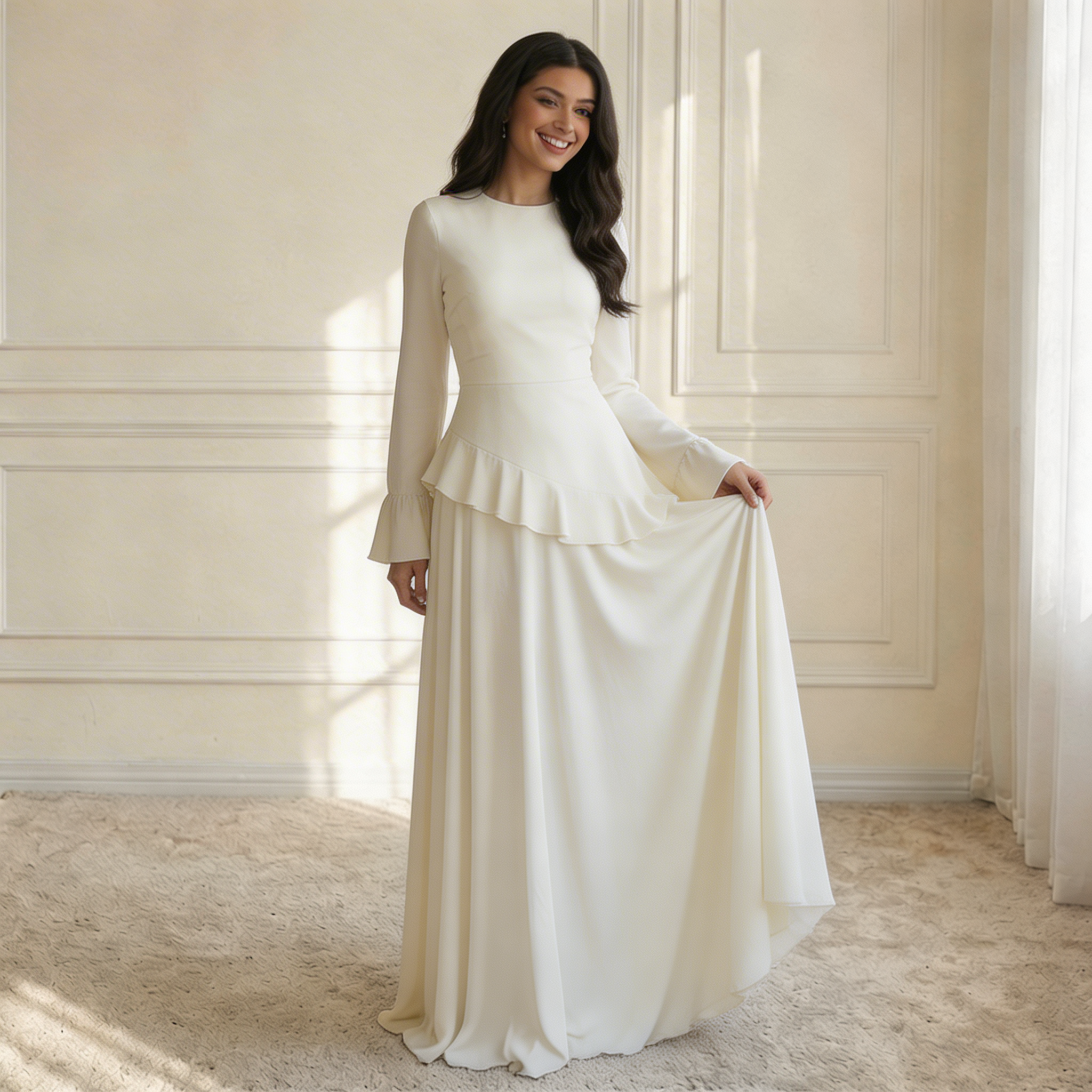 Elysera | Maxi Jurk met Ruffle Details & Flare Mouwen