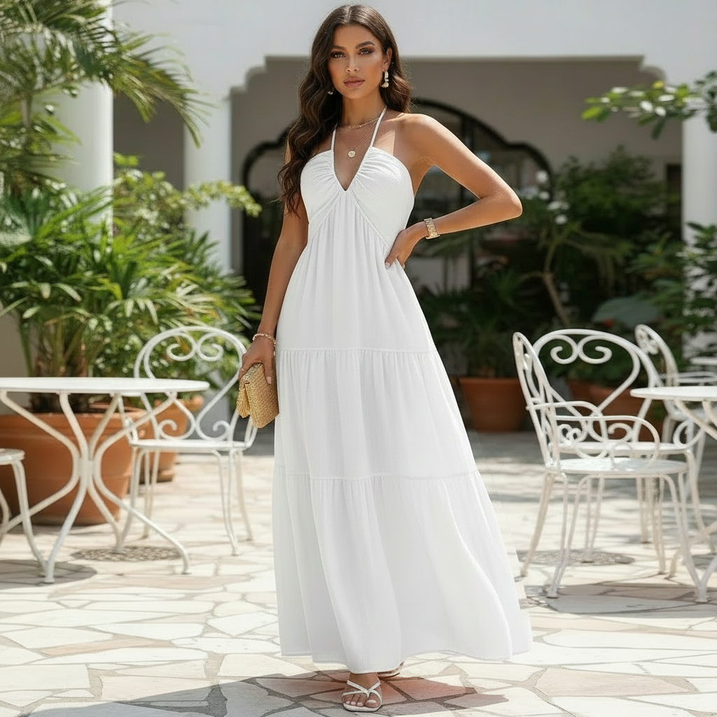 Liora | Zwierige halter maxi jurk met elegante V-hals