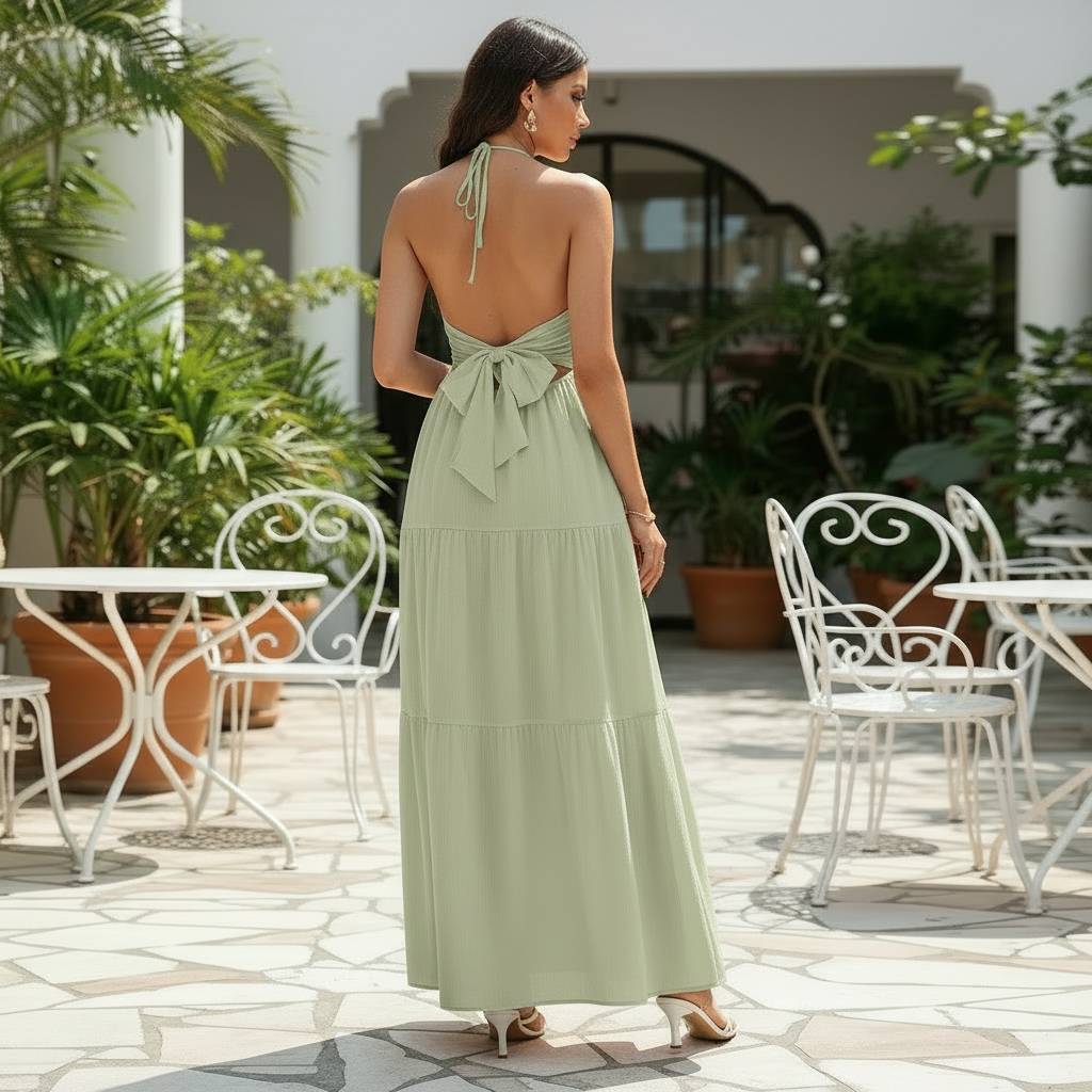 Liora | Zwierige halter maxi jurk met elegante V-hals