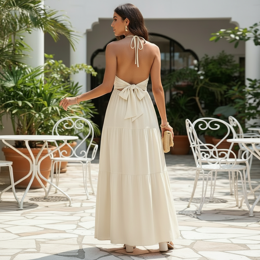 Liora | Zwierige halter maxi jurk met elegante V-hals