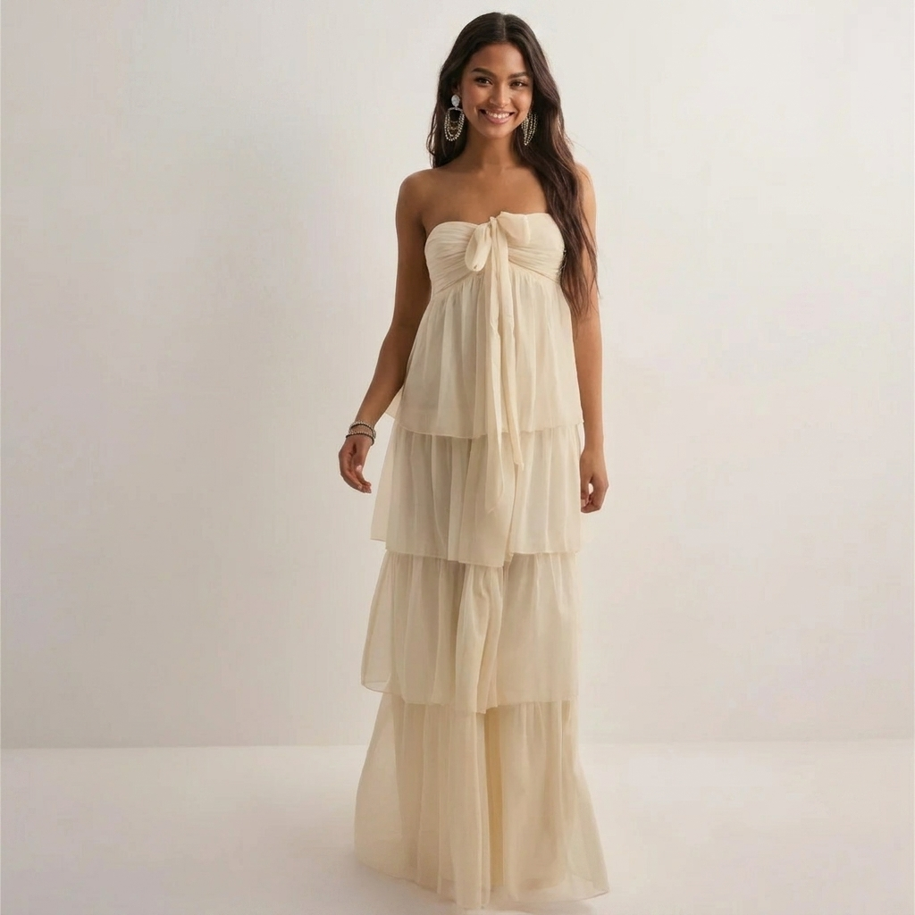 Solina | Strapless Zomerjurk met Gelaagde Rok & Verstelbare Strik