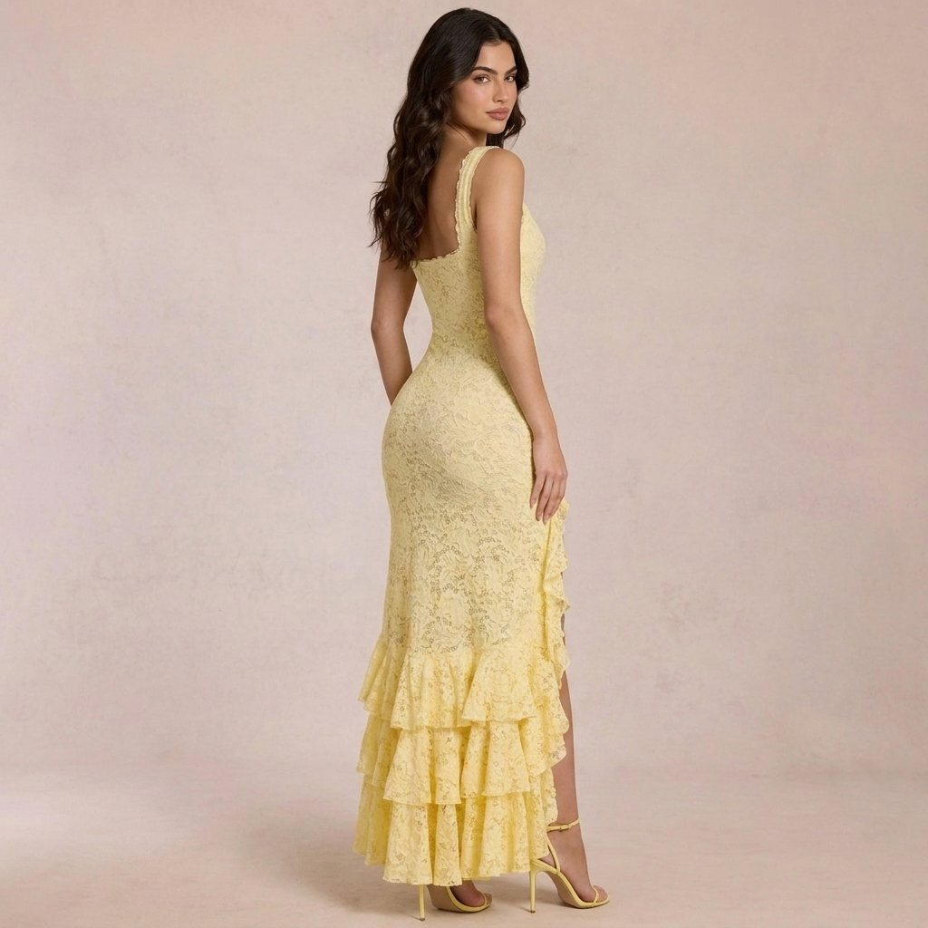 Soléa | Gele Kant Maxi Jurk met Split & Ruffle Details