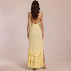Soléa | Gele Kant Maxi Jurk met Split & Ruffle Details