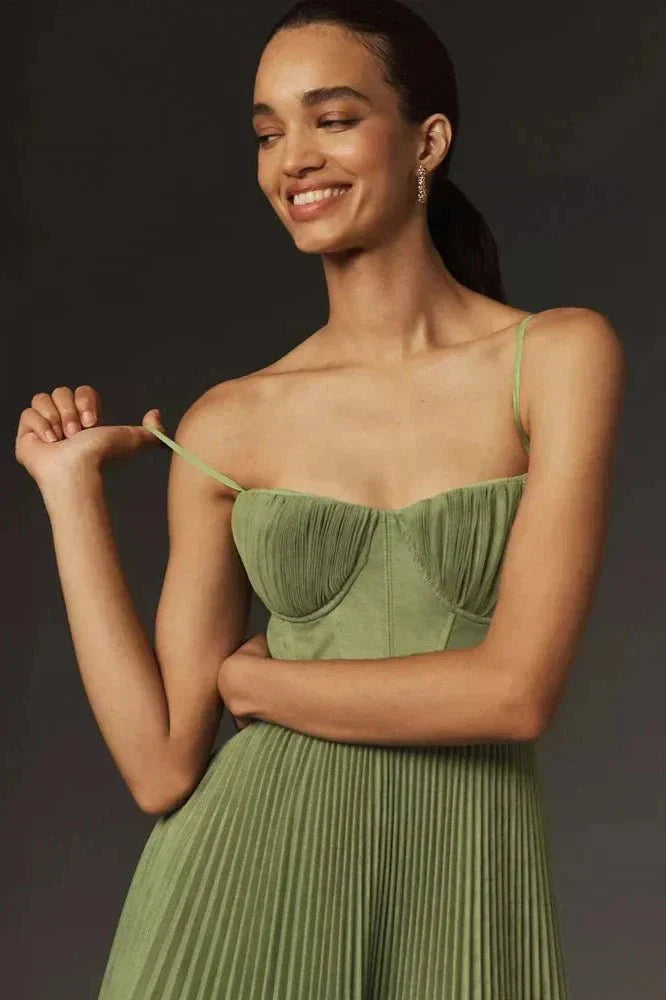 Sorelia | Geplooide Bustier Jurk in Mosgroen met Fijne Spaghetti Bandjes