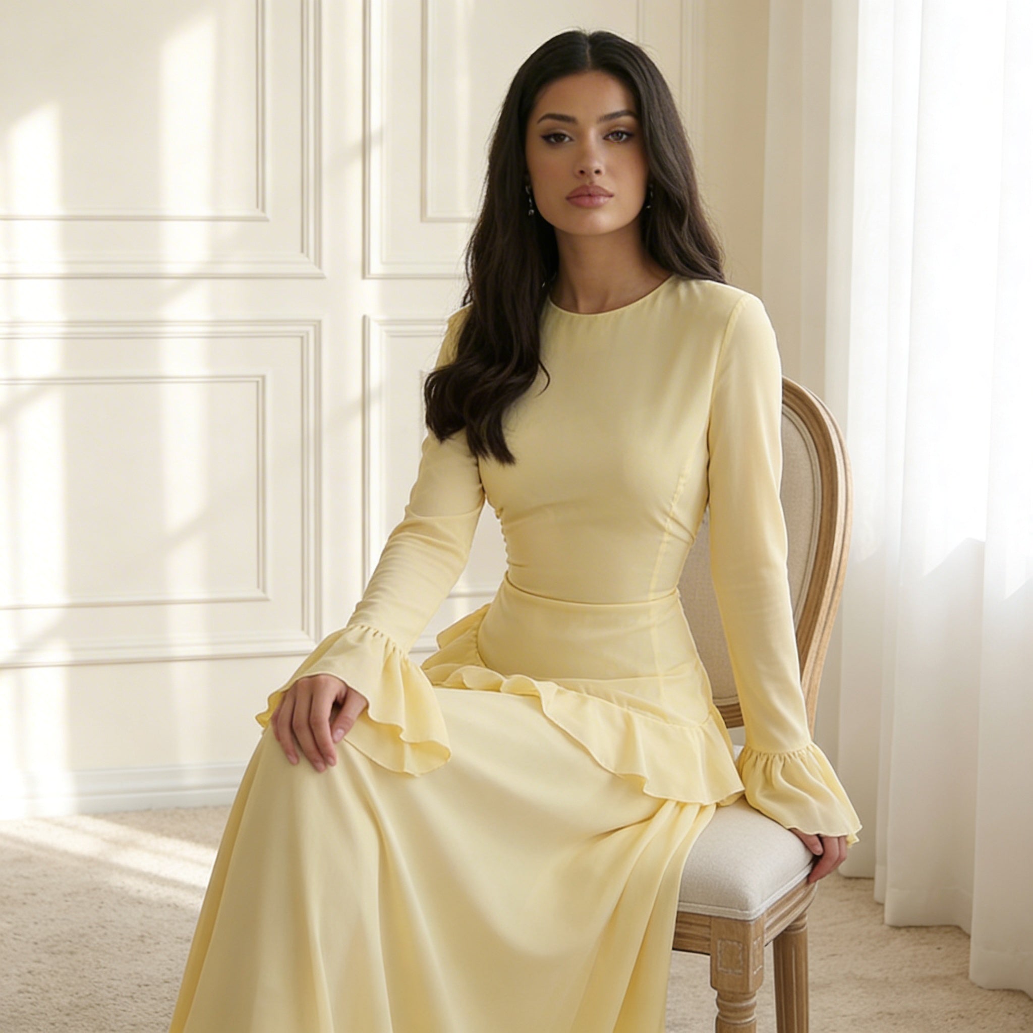 Elysera | Maxi Jurk met Ruffle Details & Flare Mouwen