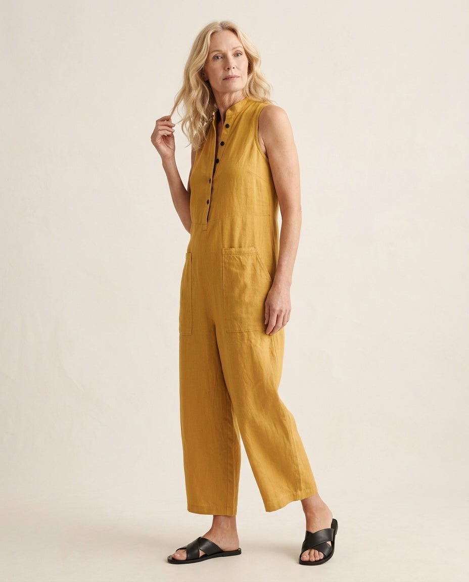 Jumpsuit mouwloos van linnen geel