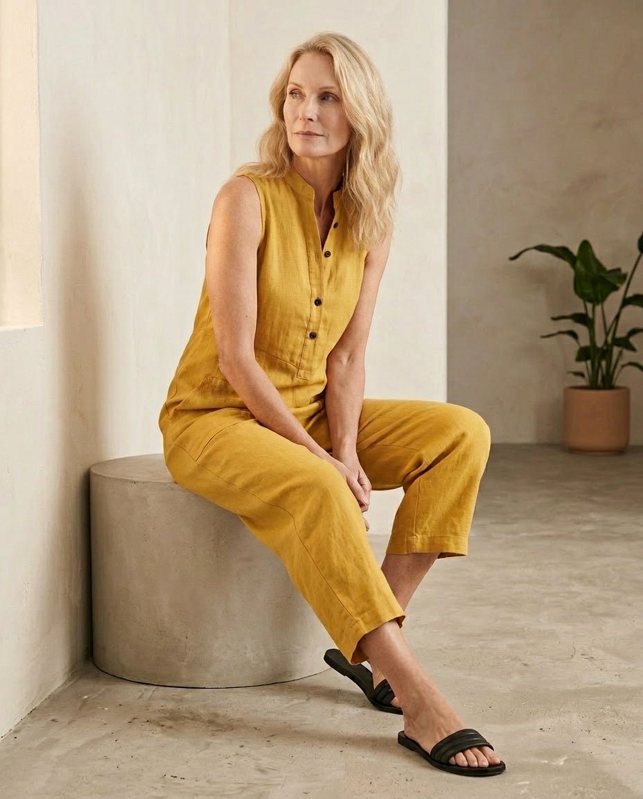 Jumpsuit mouwloos van linnen geel