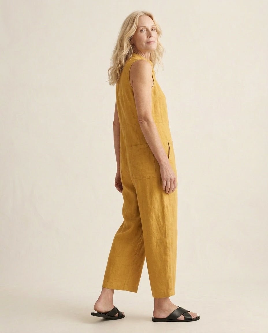 Jumpsuit mouwloos van linnen geel